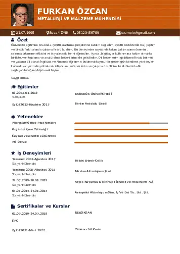 Metalürji Ve Malzeme Mühendisliği Cv Örnekleri cv indir